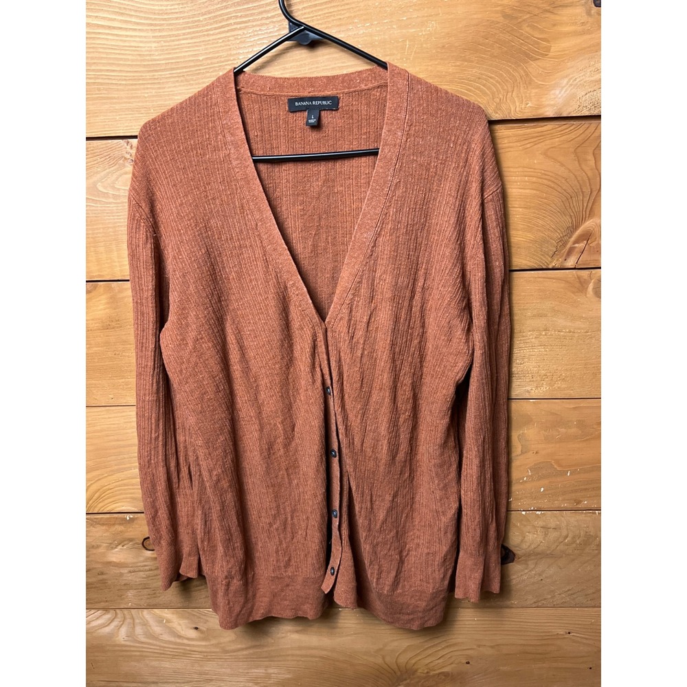 Banana Republic Ribbed Knit Cardigan Orange Button Front V Neck LS Women's L